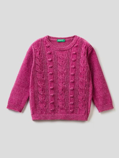 Kids' Benetton Cable Knit Chenille Sweaters Cyclamen | NZ446757
