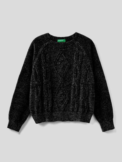 Kids' Benetton Cable Knit Chenille Sweaters Black | NZ736640