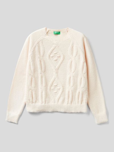 Kids' Benetton Cable Knit Chenille Sweaters Creamy White | NZ907559