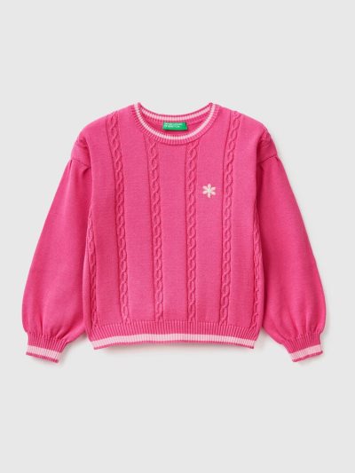 Kids' Benetton Cables And Embroidered Flower Sweaters Fuchsia | NZ014986