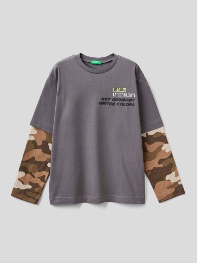 Kids' Benetton Camouflage Sleeve Long Sleeve T-shirts Grey | NZ939016