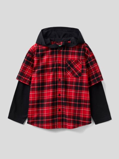 Kids' Benetton Check Hood Shirts Red | NZ210101
