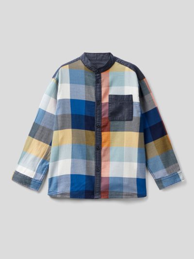 Kids' Benetton Check Mandarin Collar Shirts Blue | NZ987669