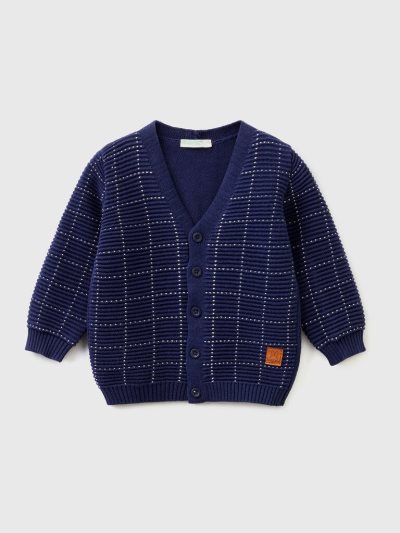 Kids' Benetton Checked Inlay Cardigan Dark Blue | NZ548635