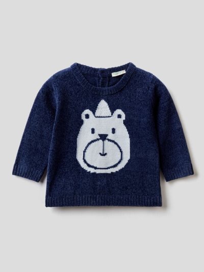Kids' Benetton Chenille Inlay Sweaters Dark Blue | NZ450882