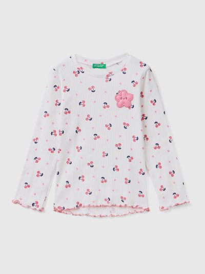 Kids' Benetton Cherry Print Long Sleeve T-shirts White | NZ361765