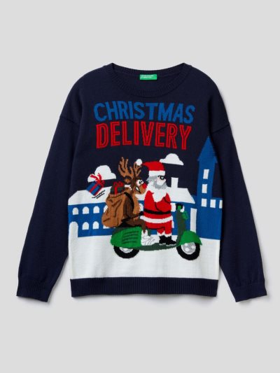 Kids' Benetton Christmas Inlay Sweaters Dark Blue | NZ368025