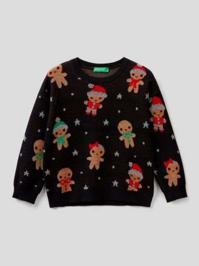 Kids' Benetton Christmas Inlays Sweaters Black | NZ134444