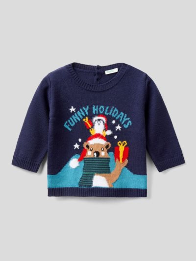 Kids' Benetton Christmas Inlays Sweaters Dark Blue | NZ937436