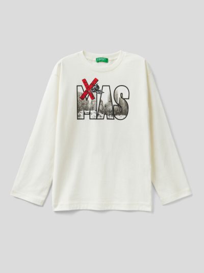 Kids' Benetton Christmas Photo Print Long Sleeve T-shirts Creamy White | NZ869467