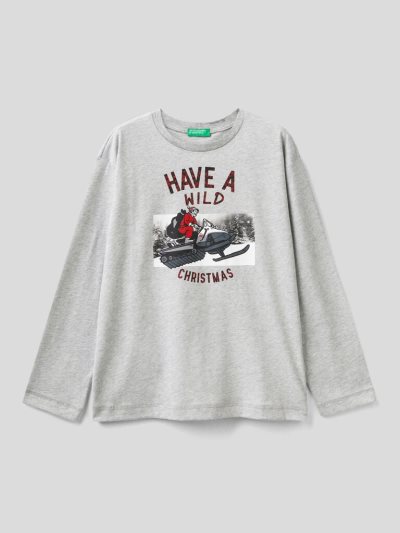 Kids' Benetton Christmas Photo Print Long Sleeve T-shirts Grey | NZ914158