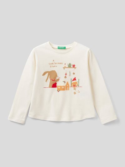Kids' Benetton Christmas Prints Long Sleeve T-shirts Creamy White | NZ481634