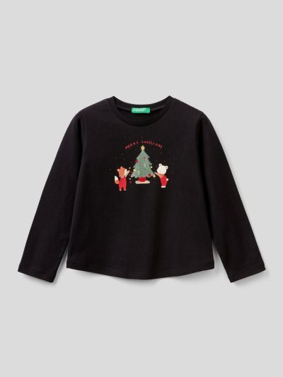 Kids' Benetton Christmas Prints Long Sleeve T-shirts Black | NZ788323