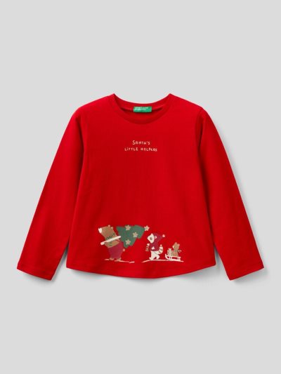 Kids' Benetton Christmas Prints Long Sleeve T-shirts Red | NZ913928
