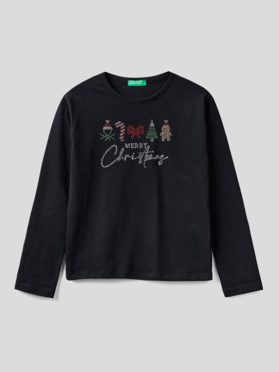 Kids' Benetton Christmas Warm Organic Cotton Long Sleeve T-shirts Black | NZ820526