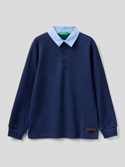 Kids' Benetton Clashing Collar Long Sleeve Polos Dark Blue | NZ766427