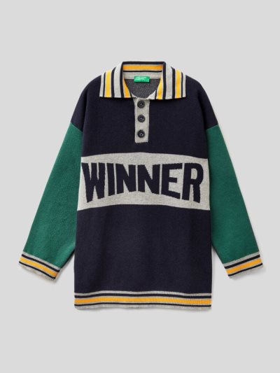 Kids' Benetton College-style Knit Polo Sweaters Dark Blue | NZ403737
