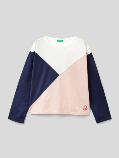 Kids' Benetton Color Block Glittery Logo Long Sleeve T-shirts Creamy White | NZ244567