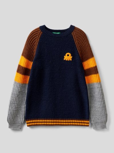 Kids' Benetton Color Block Sweaters Dark Blue | NZ761201