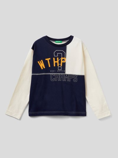 Kids' Benetton Color Block Warm Cotton Long Sleeve T-shirts Dark Blue | NZ772194