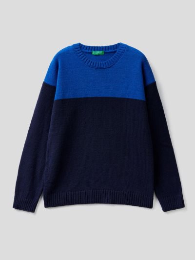 Kids' Benetton Color Block Wool Blend Sweaters Dark Blue | NZ182981