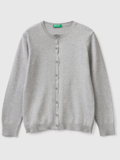 Kids' Benetton Crew Neck Cotton Blend Cardigan Light Grey | NZ158131