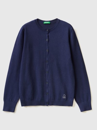 Kids' Benetton Crew Neck Cotton Blend Cardigan Dark Blue | NZ291009
