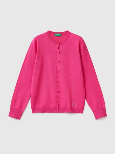 Kids' Benetton Crew Neck Cotton Blend Cardigan Fuchsia | NZ452018