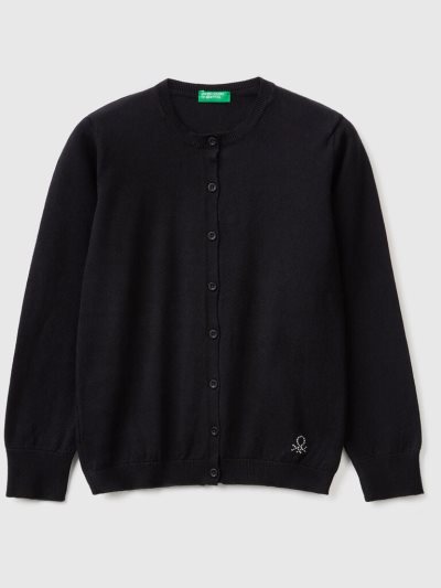 Kids' Benetton Crew Neck Cotton Blend Cardigan Black | NZ665738