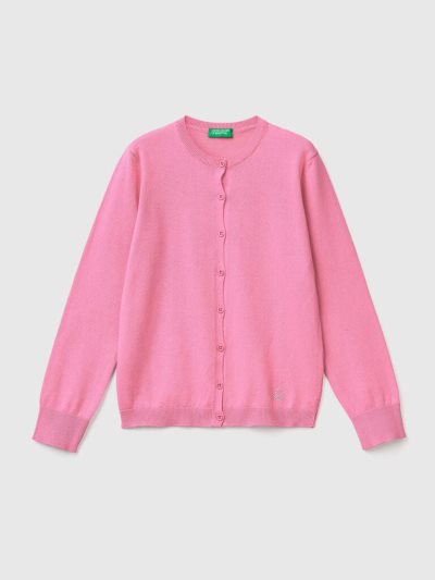 Kids' Benetton Crew Neck Cotton Blend Cardigan Pink | NZ865787