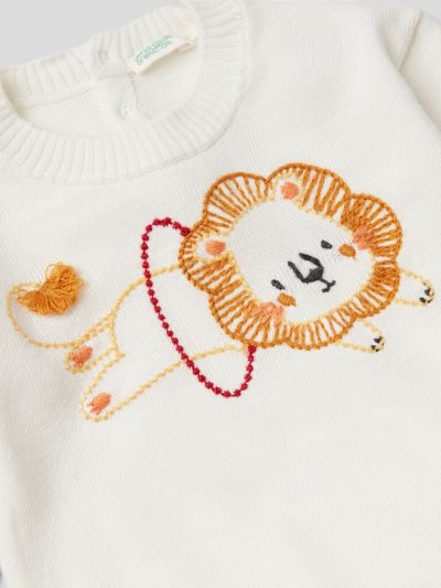 Kids' Benetton Crew Neck Embroidery Sweaters Creamy White | NZ768702