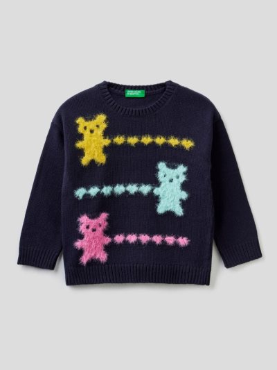 Kids' Benetton Crew Neck Inlays Sweaters Dark Blue | NZ370423