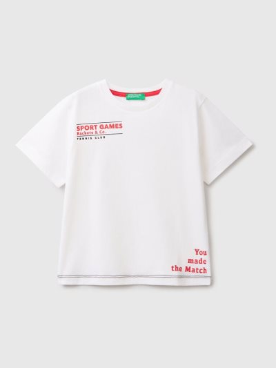 Kids' Benetton Crew Neck Print Short Sleeve T-shirts White | NZ110758