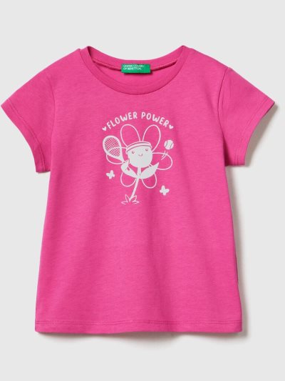 Kids' Benetton Crew Neck Print Short Sleeve T-shirts Fuchsia | NZ864326