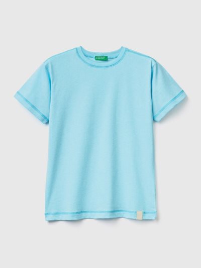 Kids' Benetton Crew Neck Recycled Fabric Short Sleeve T-shirts Neon Sky Blue | NZ099743