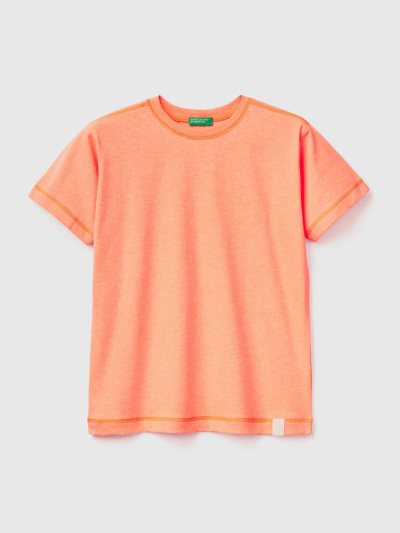 Kids' Benetton Crew Neck Recycled Fabric Short Sleeve T-shirts Neon Orange | NZ586154