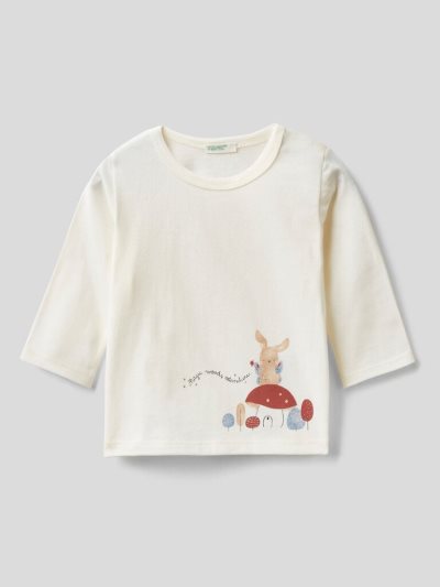 Kids' Benetton Crew Neck Warm Organic Cotton T Shirts Creamy White | NZ508125