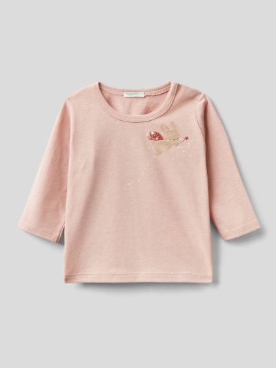 Kids' Benetton Crew Neck Warm Organic Cotton T Shirts Pastel Pink | NZ774034