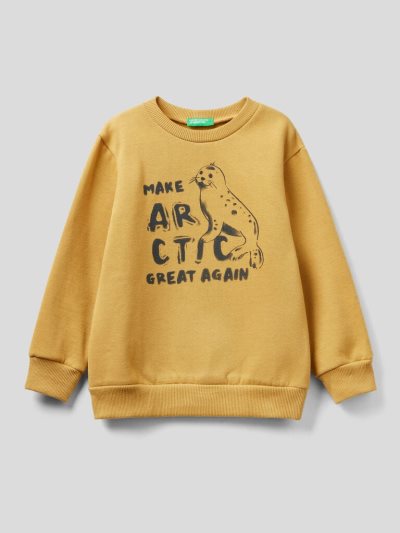 Kids' Benetton Crew Neck Warm Print Sweatshirt Mustard | NZ539143