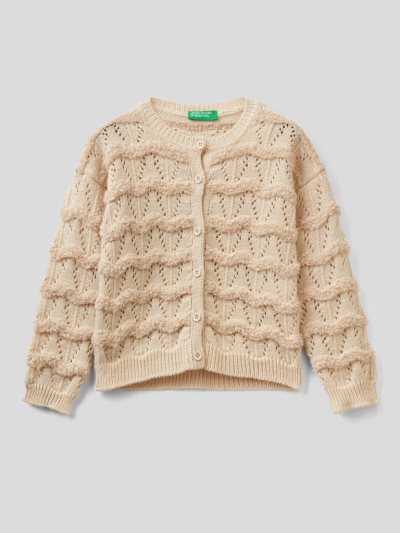 Kids' Benetton Crew Neck Wool Blend Cardigan Creamy White | NZ473815
