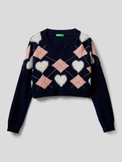 Kids' Benetton Cropped Check Hearts Sweaters Dark Blue | NZ414478