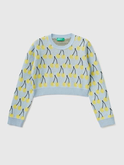 Kids' Benetton Cropped Cherry Pattern Sweaters Light Blue | NZ104502