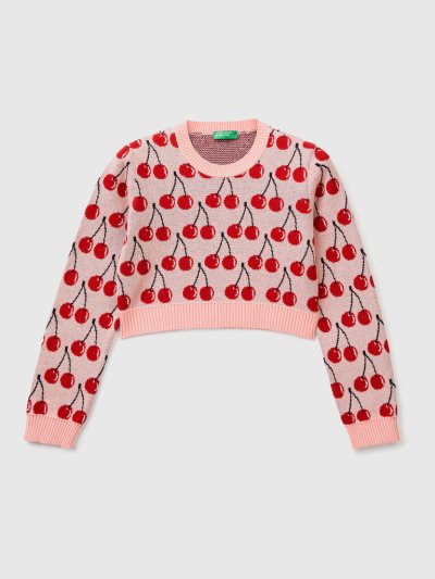 Kids' Benetton Cropped Cherry Pattern Sweaters Pink | NZ544955