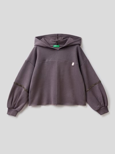 Kids' Benetton Cropped Jeweled Details Hoodie Dark Grey | NZ268821