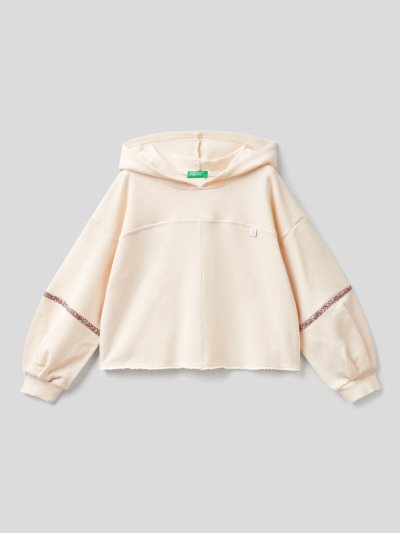 Kids' Benetton Cropped Jeweled Details Hoodie Creamy White | NZ642642