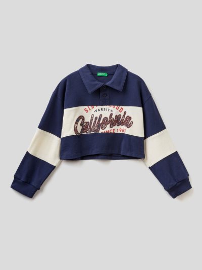 Kids' Benetton Cropped Print Polo Shirts Dark Blue | NZ687824