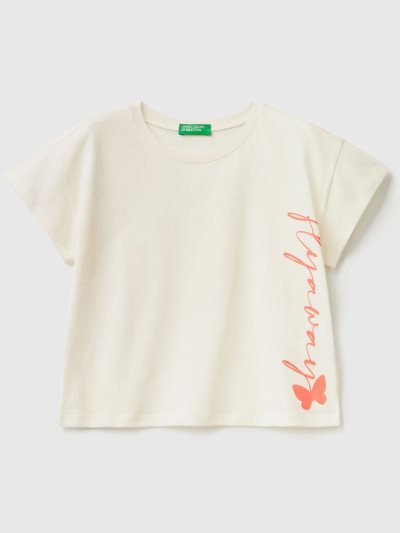 Kids' Benetton Cropped Pure Cotton Short Sleeve T-shirts Creamy White | NZ410313
