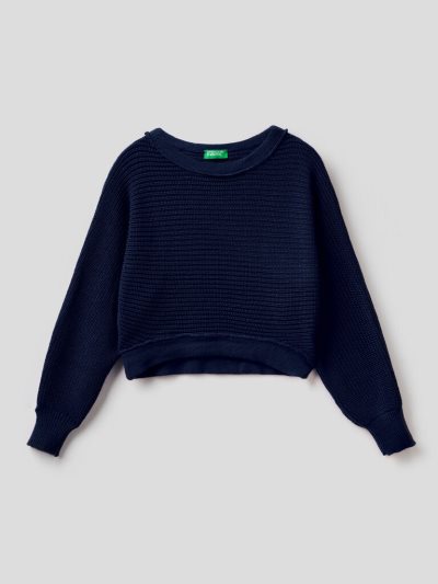 Kids' Benetton Cropped Round Neck Sweaters Dark Blue | NZ627676