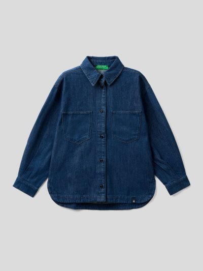 Kids' Benetton Denim Pockets Shirts Dark Blue | NZ137751