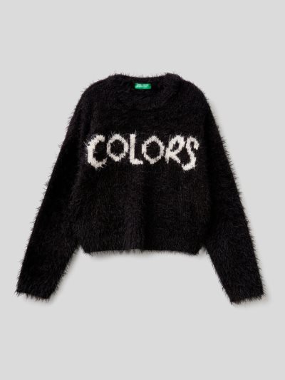 Kids' Benetton Faux Fur Inlay Sweaters Black | NZ213123